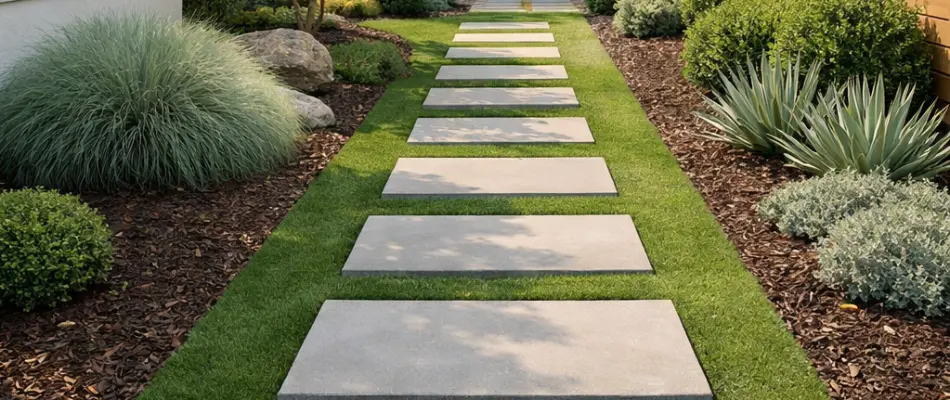 Plants along a walkway in Cary, NC, with artificial turf.